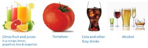 Pictures of drinks which can irritate the bladder; citrus fruit and juices, tomatoes, cola and fizzy drinks, and alcohol