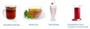 Pictures of drinks which do not irritate the bladder; decaffeinated tea, herbal tea, milkshakes and diluted fruit juice