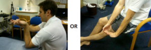  Two images of a man sitting in a chair, depicting him engaged in forearm strengthening by holding his arm.