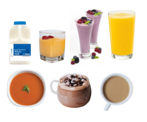 images of nourishing drinks including orange juice, milk etc