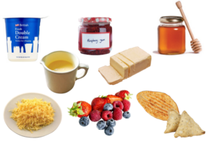 collection of fortifying foods, including jam, honey and double cream etc