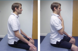 A man seated on a bench with hands on knees, shown in two images, practicing retractions for whiplash relief.