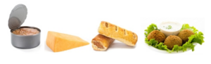 image of different foods, including cheese, sausage rolls, meatballs and tuna can
