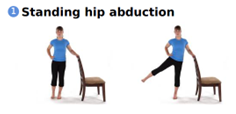 A woman performs a hip abduction stretch, standing with legs crossed and arms outstretched for balance.