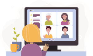 Image of a person in a virtual meeting with other people on a computer