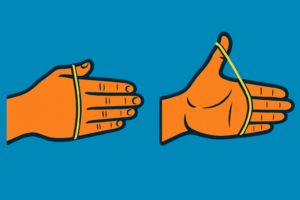 Illustration of the thumb elastic band stretch exercise