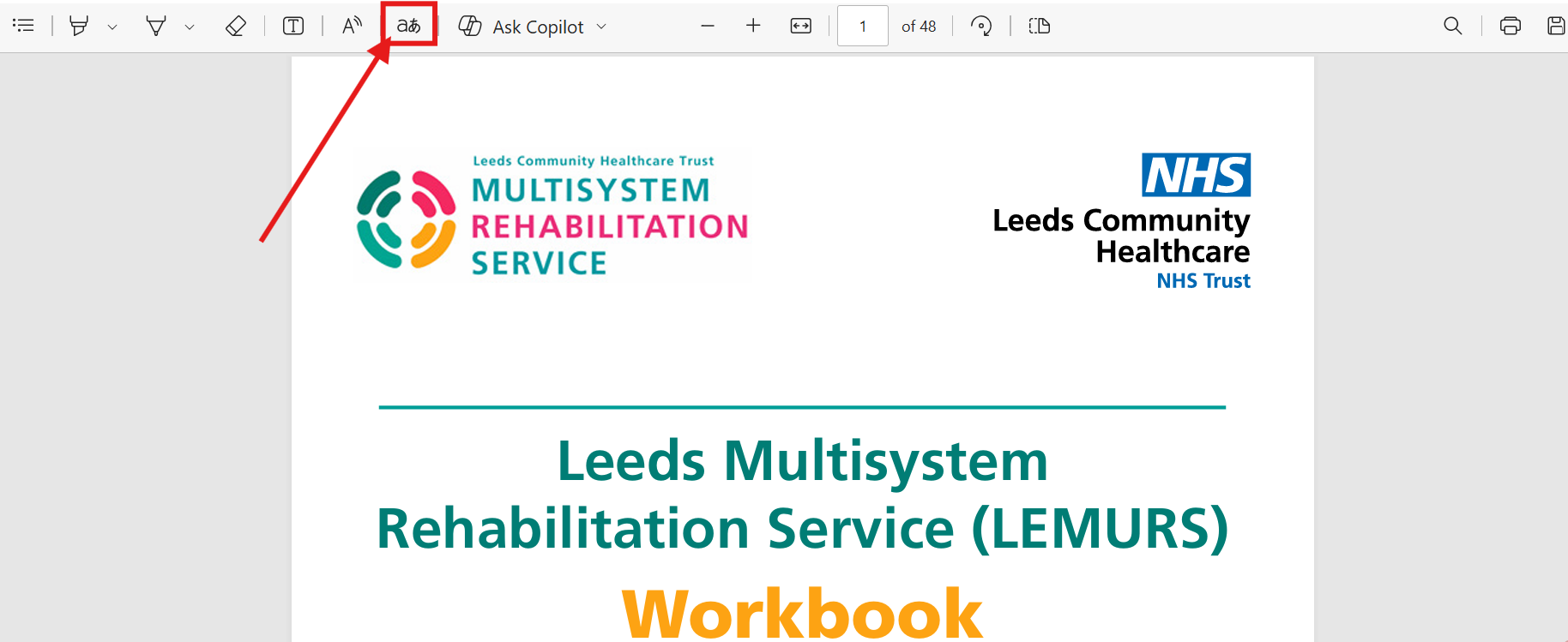 Translation button highlighted