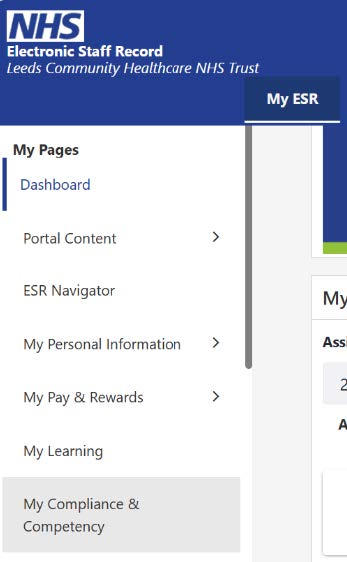 ESR portal screenshot showing navigation menu