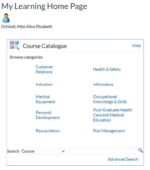 ESR screenshot showing course catalogue