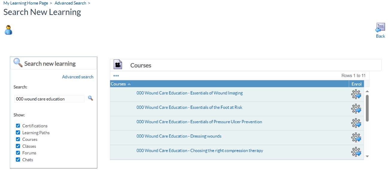 ESR screenshot showing all 11 tissue viability courses