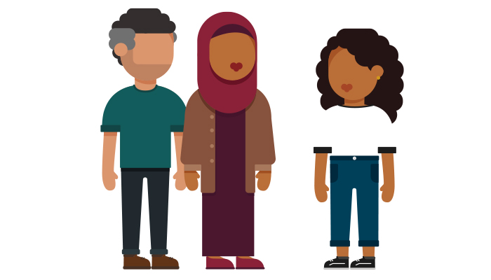 A man, a woman with a headscarf and a girl